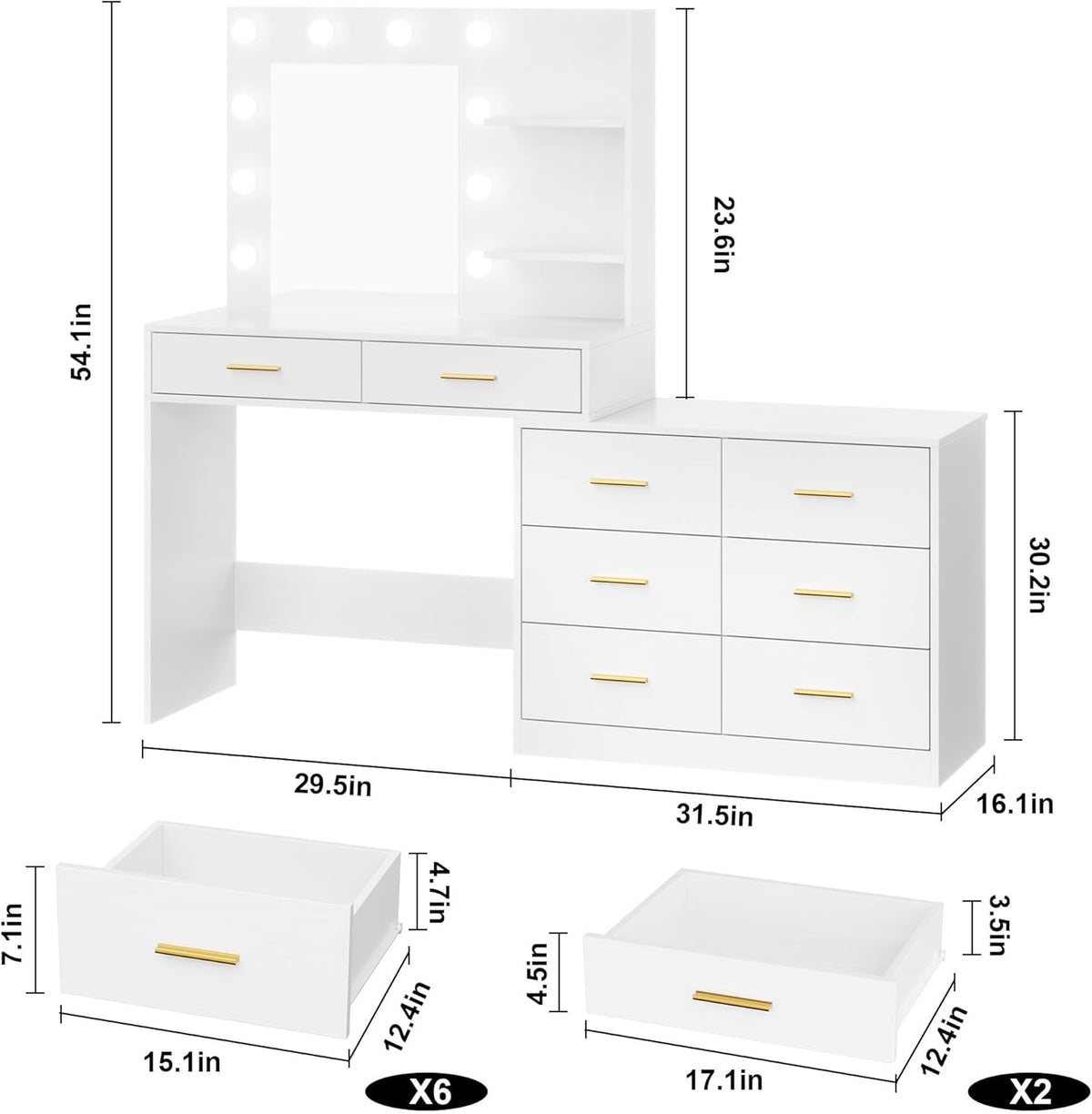 Vanity Desk Table with Lighted Mirror 45.6“ Girls Makeup Vanity with Power Outlet, 3 Colors Lighting Adjustable,8 Stroge Drawers, Brightness Vanity Table for Women Bedroom Dressing Room