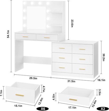 Vanity Desk Table with Lighted Mirror 45.6“ Girls Makeup Vanity with Power Outlet, 3 Colors Lighting Adjustable,8 Stroge Drawers, Brightness Vanity Table for Women Bedroom Dressing Room