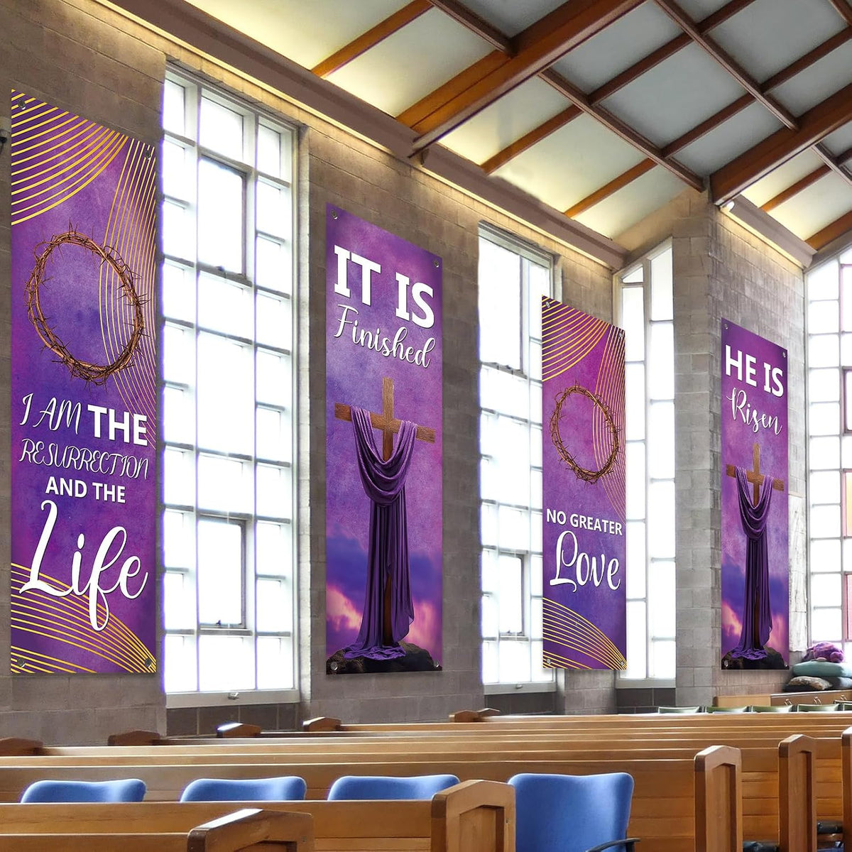 4Pcs Church Banners for Sanctuary Wall Welcome Religious Banners Hanging Backdrop Easter Church Hanging Signs Bible Verses Banner Scripture Church Hanging Signs for Church School Decor