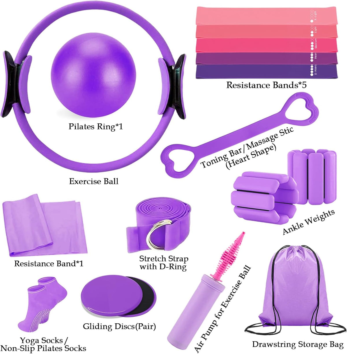 Pilates Kit for Women, Home Workout Set with Ring,Ball,Bands Ankle Weights
