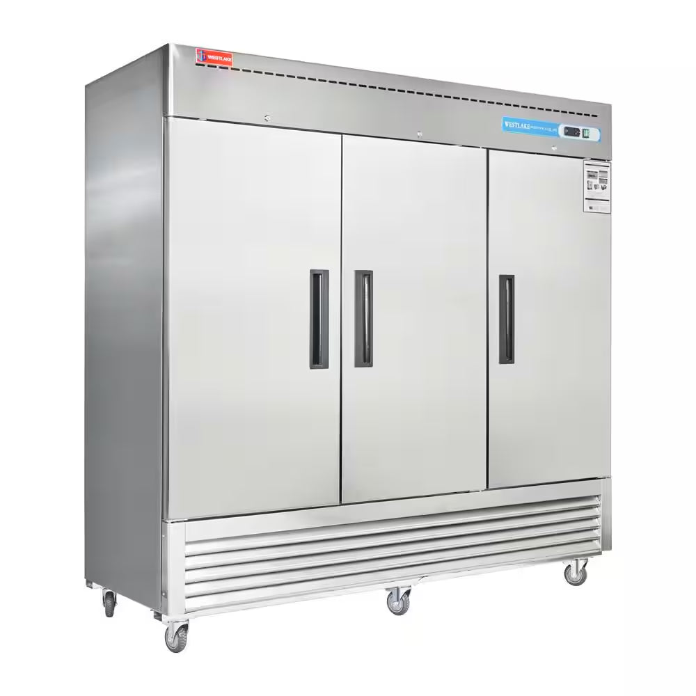 82 In. W. 72 Cu. Ft. Commercial Refrigerator 3-Solid Door Electronic Control System Stainless Steel