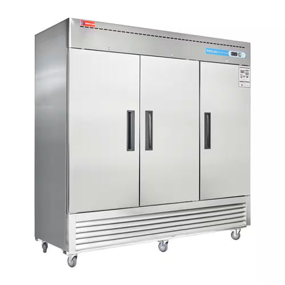 82 In. W. 72 Cu. Ft. Commercial Refrigerator 3-Solid Door Electronic Control System Stainless Steel