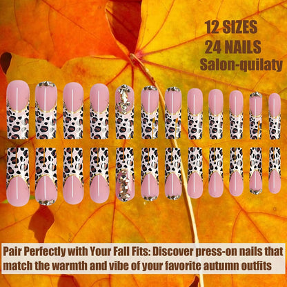 Long Square Press on Nails French Tip Press-On Nails Brown Fall Nails Art for Women