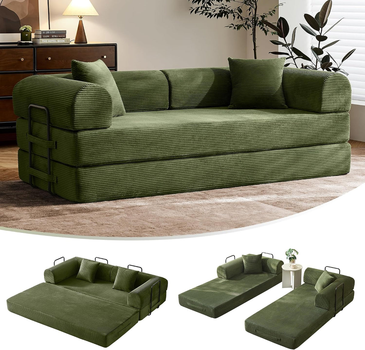 79" Convertible Futon Sofa Bed,Boneless Couch for Living Room | Olive Green