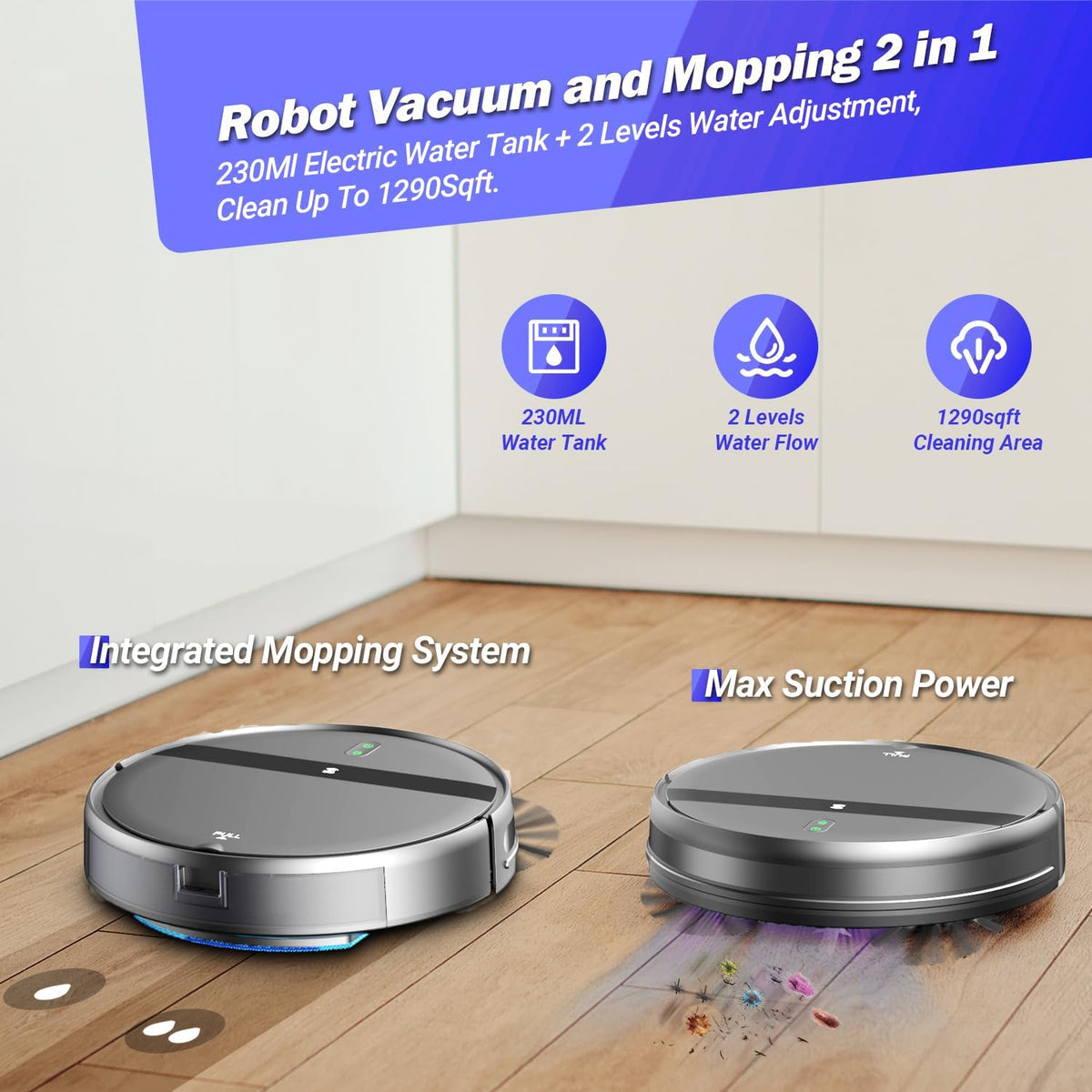 Robot Vacuum Mop Combo, Wifi/App/Alexa, 2-In-1 Robot Vacuum and Mop Combo, Robotic Vacuum Cleaner, Self-Charging, Quiet, Tangle-Free Suction Robot Vacuum Cleaner for Pet Hair/Carpet/Hard Floor