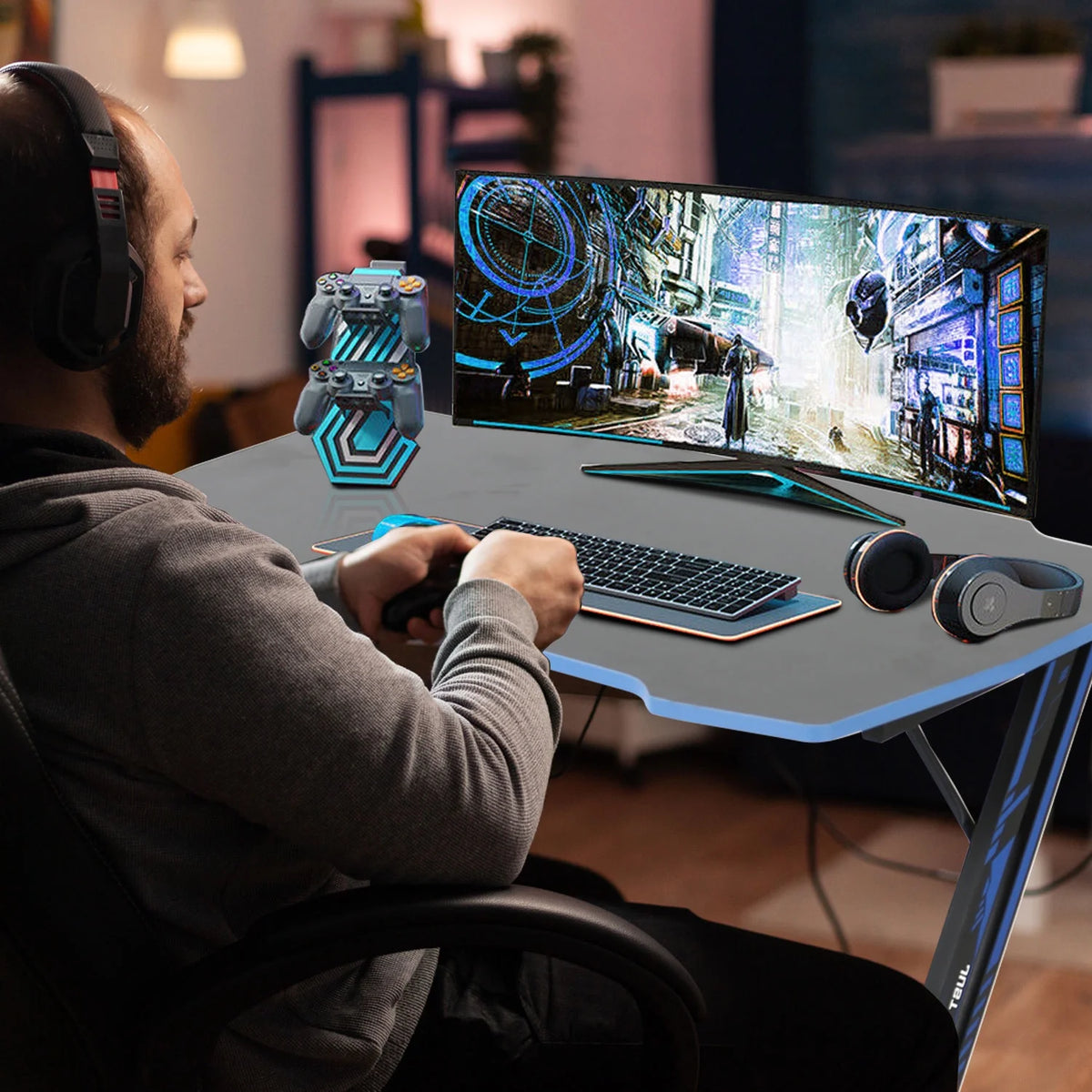 47 Inch Gaming Desk, Z Shaped PC Computer Desk Gaming Workstation with Headphone Hook, Ergonomic Gaming Table PC Desk for Game Players, Blue