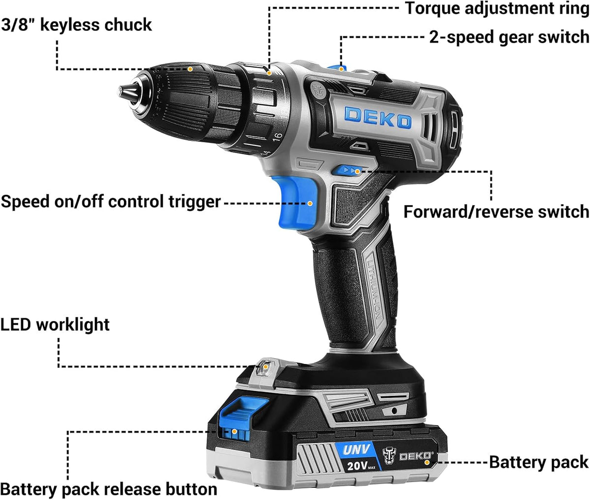 Power Drill Cordless: DEKO PRO Cordless Drill 20V Electric Power Drill Set Tool for Women Drills with Battery and Charger 20 Volt Drills Driver Kit Blue