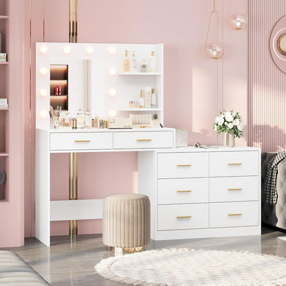 Vanity Desk Table with Lighted Mirror 45.6“ Girls Makeup Vanity with Power Outlet, 3 Colors Lighting Adjustable,8 Stroge Drawers, Brightness Vanity Table for Women Bedroom Dressing Room