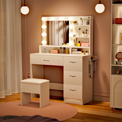 Makeup Vanity Set with Stool, Lighted Mirror, Vanity Desk with 5 Shelves & 4 Drawers, Power Outlet & Hairdryer Holder, Vanity Dressing Table Perfect Gift for Bedroom - White
