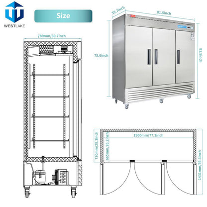 82 In. W. 72 Cu. Ft. Commercial Refrigerator 3-Solid Door Electronic Control System Stainless Steel