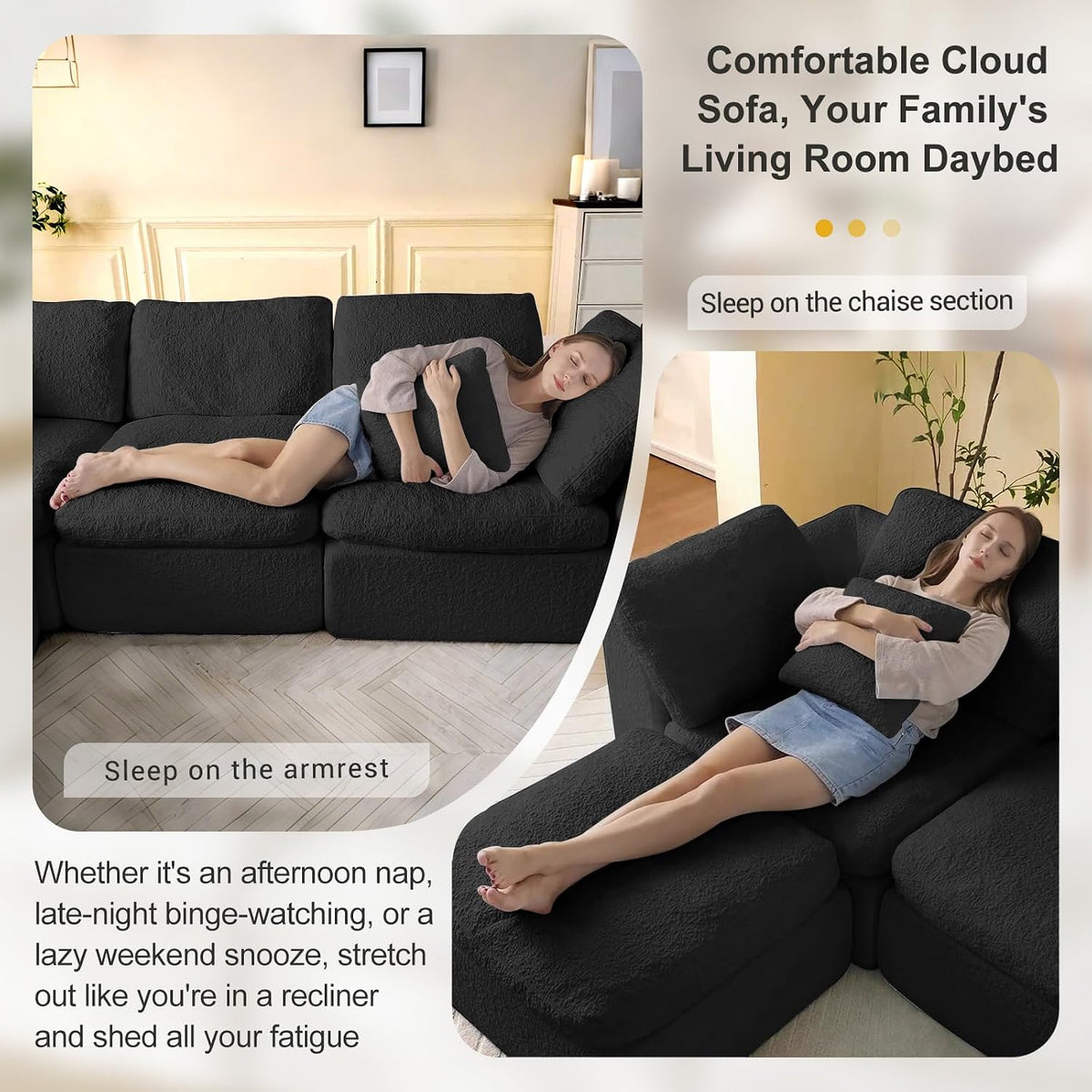 Cloud Sectional Couches, 108" L-Shape Boneless Sofa, Modular Sectional Sofa for Living Room,Freely Configurable,Deep Seating,Non-Slip Bottom, No Assembly Required(3 Seater+1 Ottoman (Black)