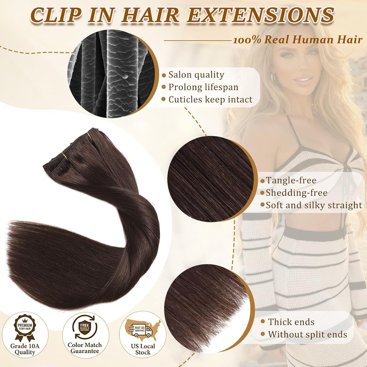 Clip in Hair Extensions Real Human Hair Dark Brown Hair Extensions Clip Ins