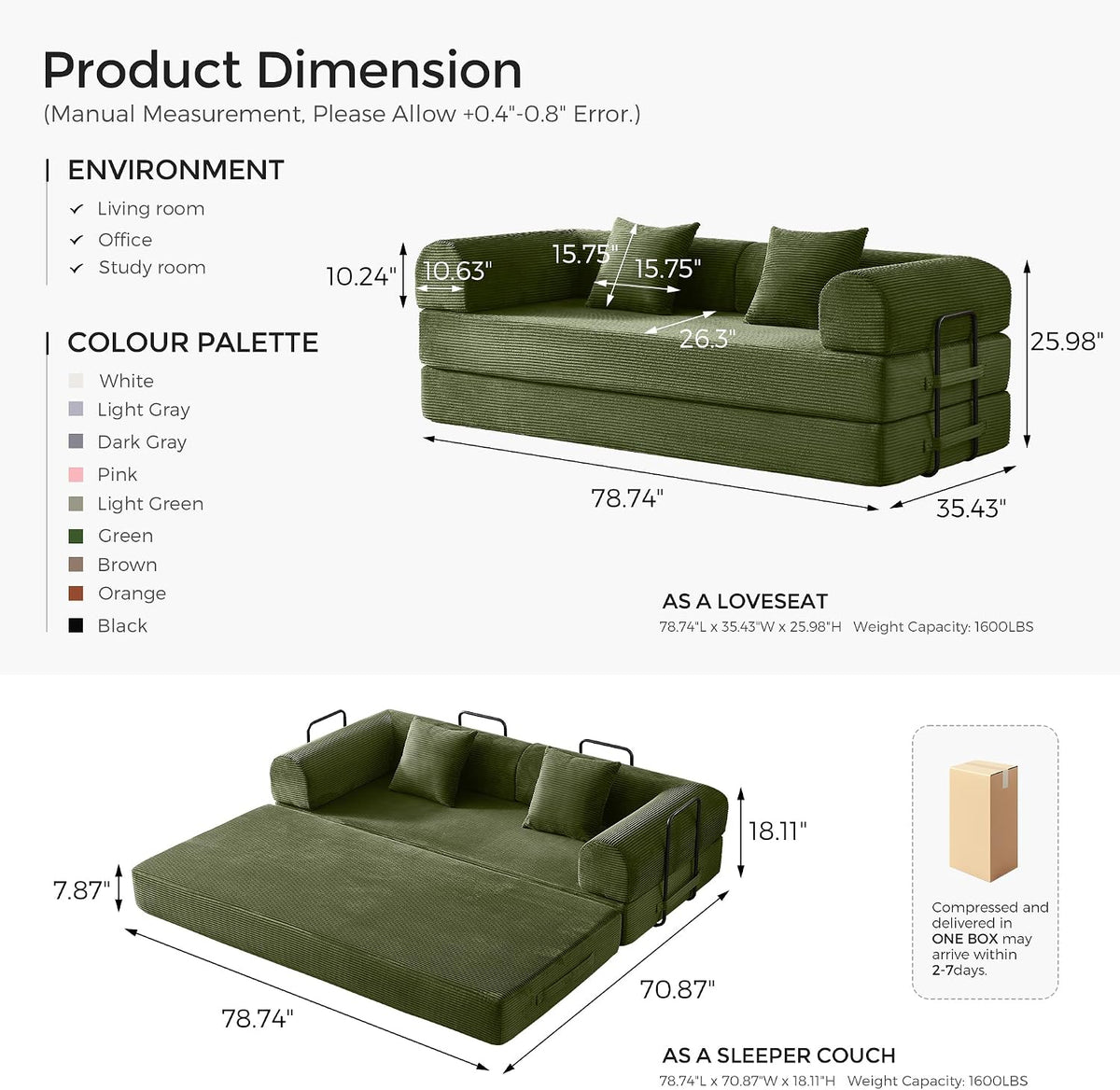 79" Convertible Futon Sofa Bed,Boneless Couch for Living Room | Olive Green