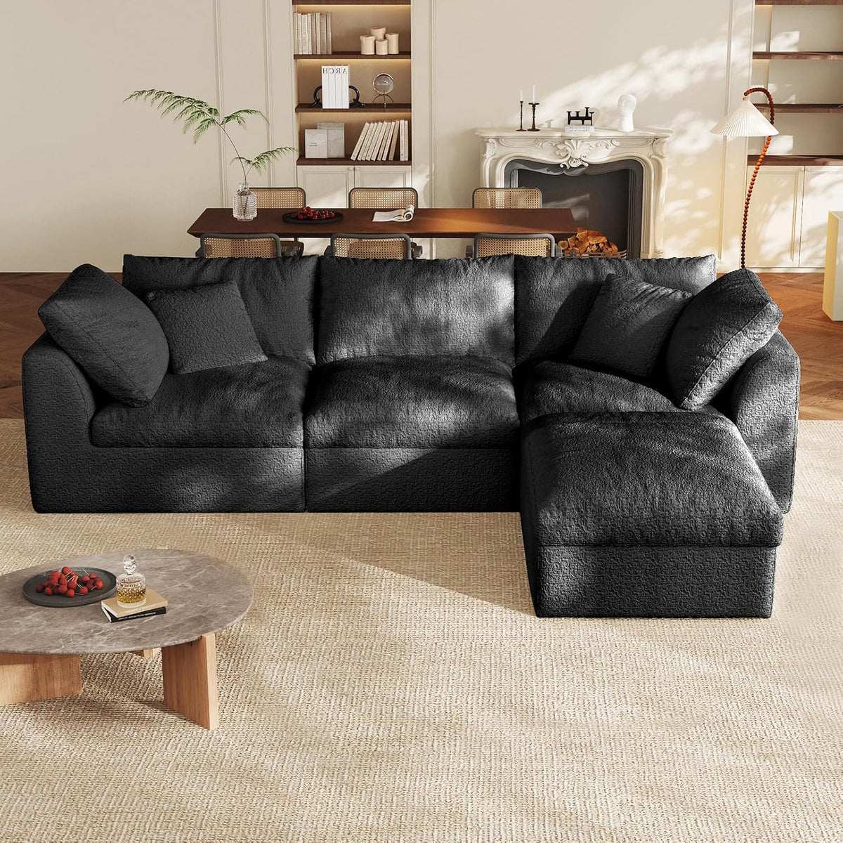 Cloud Sectional Couches, 108" L-Shape Boneless Sofa, Modular Sectional Sofa for Living Room,Freely Configurable,Deep Seating,Non-Slip Bottom, No Assembly Required(3 Seater+1 Ottoman (Black)
