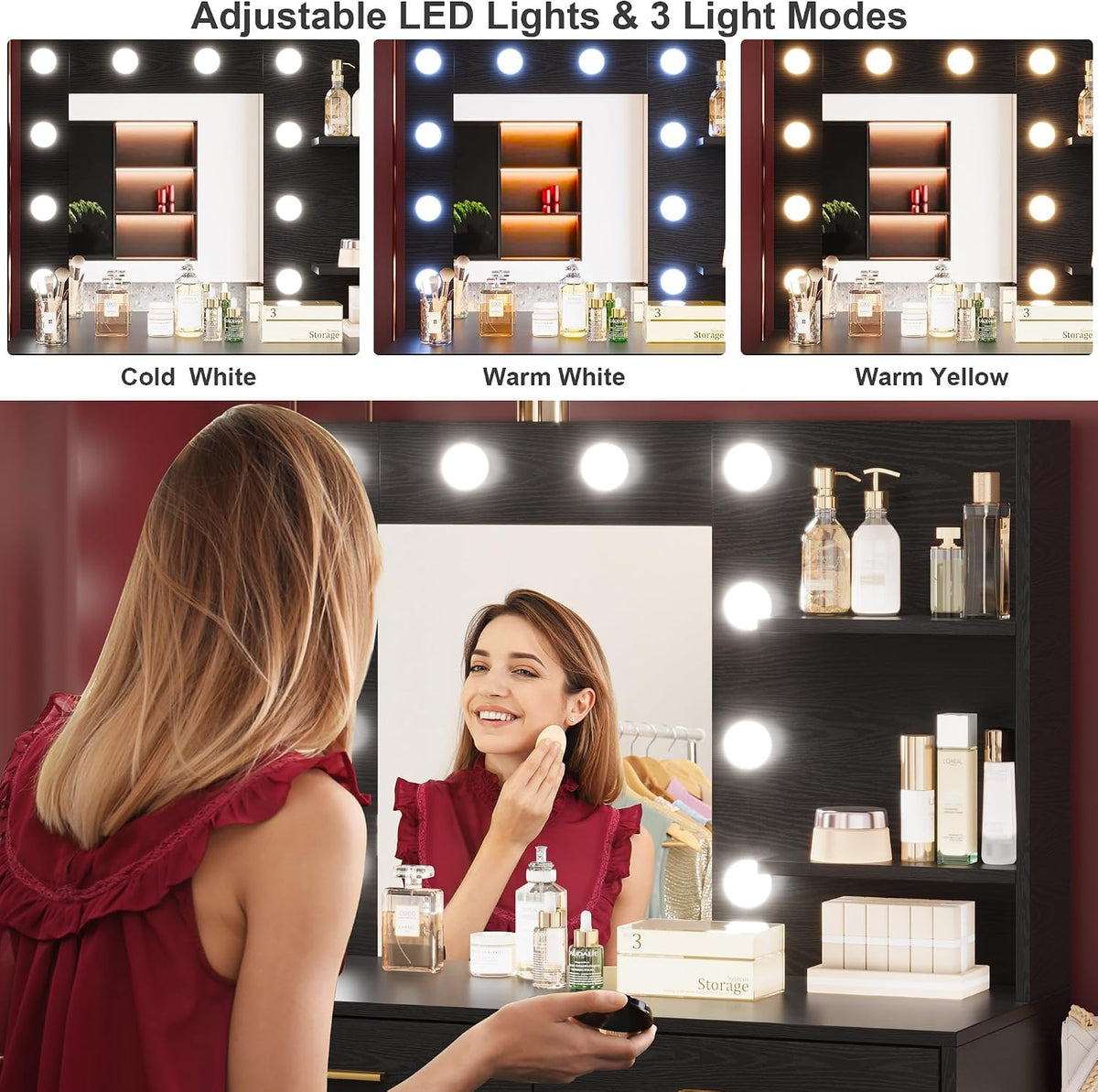 Vanity Desk Table with Lighted Mirror 45.6“ Girls Makeup Vanity with Power Outlet, 3 Colors Lighting Adjustable,8 Stroge Drawers, Brightness Vanity Table for Women Bedroom Dressing Room