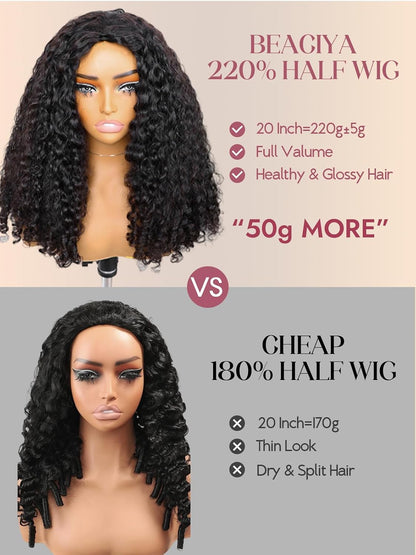 220% Density 20 Inch Burmese Curly Half Wig,100% Human Hair,[2-Year Life,220G], 3 in 1 Glueless Human Hair Half Wig Seamless Flip over Half Wigs for Black Women No Glue No Lace Curly Wig