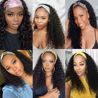 Headband Human Hair Wig No Glue Brazilian Human Hair Wig 180% Density Deep Curly Headband Wig for Women Human Hair Wig