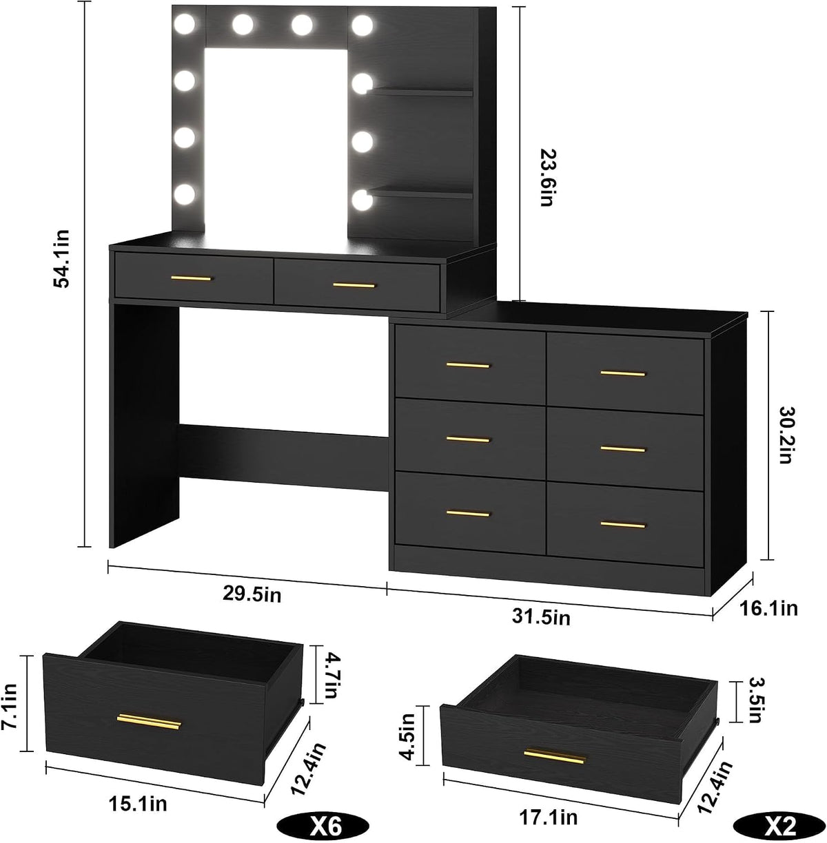 Vanity Desk Table with Lighted Mirror 45.6“ Girls Makeup Vanity with Power Outlet, 3 Colors Lighting Adjustable,8 Stroge Drawers, Brightness Vanity Table for Women Bedroom Dressing Room