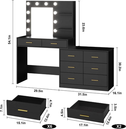 Vanity Desk Table with Lighted Mirror 45.6“ Girls Makeup Vanity with Power Outlet, 3 Colors Lighting Adjustable,8 Stroge Drawers, Brightness Vanity Table for Women Bedroom Dressing Room
