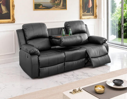 3 Seater Modern Reclining Couch Manual Recliner Sofa Living Room Furniture Black Vegan Leather Couch with Cup Holder/Flip-Down Table for Home Theater/Rv Car (Black,3Seater Sofa)