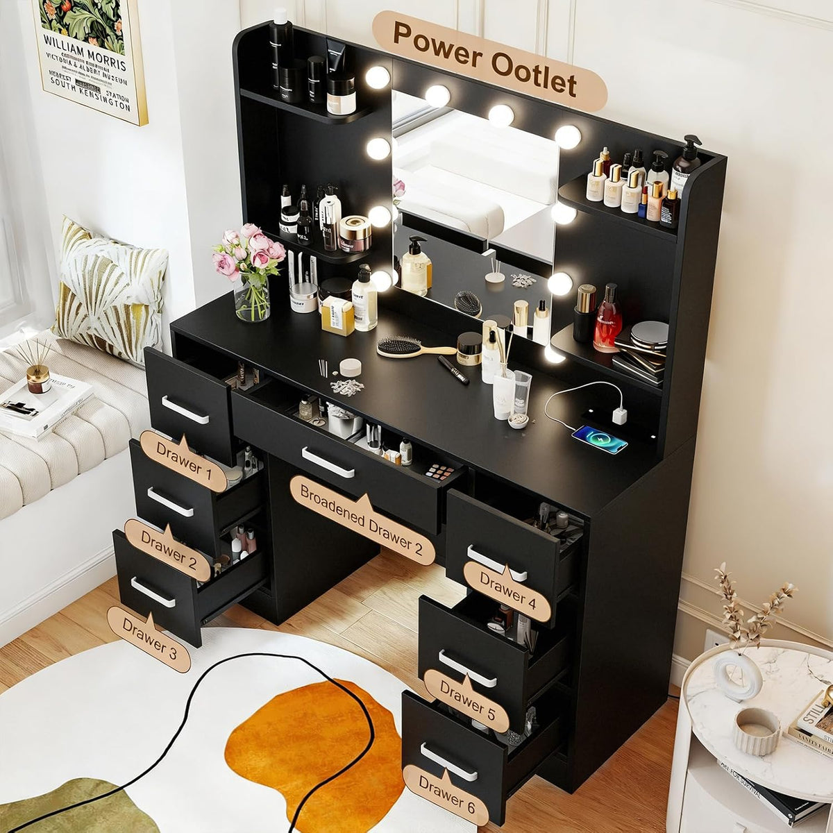 Black Makeup Vanity Desk, Vanity Mirror with LED Lights Power Outlet, Large Desk Vanity Table with 7 Drawers, Wood Storage Vanity Dressing Table with 3-Color Light, Bedroom Room Furniture