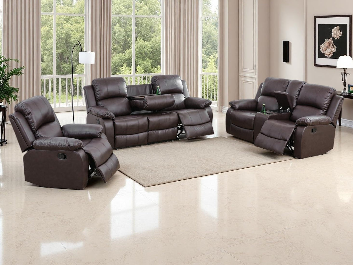 3PCS Recliner Sofa Set Vegan Leather Reclining Couch Set  Living Room Furniture Sets Manual Reclining Sofa Set with Cup Holders/Storage Console/Flip down Table for Home/Office (Brown, 3PCS Set)
