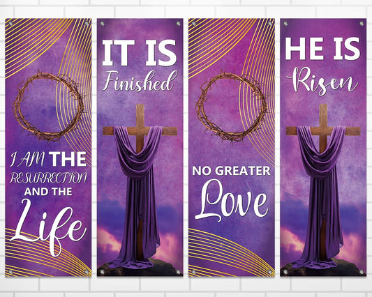 4Pcs Church Banners for Sanctuary Wall Welcome Religious Banners Hanging Backdrop Easter Church Hanging Signs Bible Verses Banner Scripture Church Hanging Signs for Church School Decor