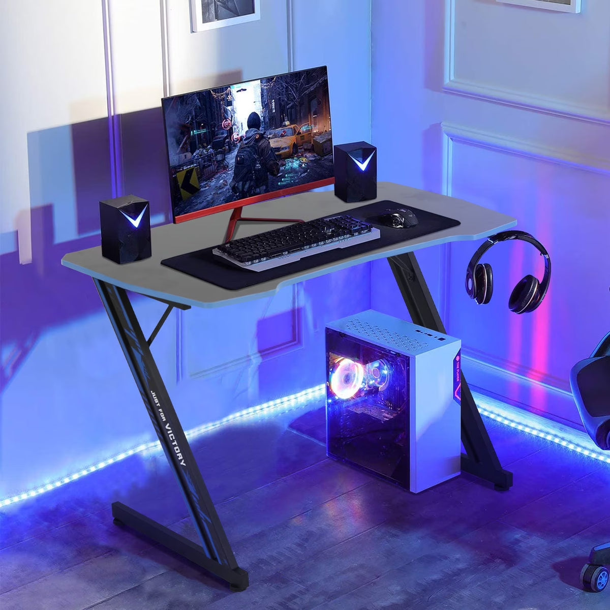 47 Inch Gaming Desk, Z Shaped PC Computer Desk Gaming Workstation with Headphone Hook, Ergonomic Gaming Table PC Desk for Game Players, Blue