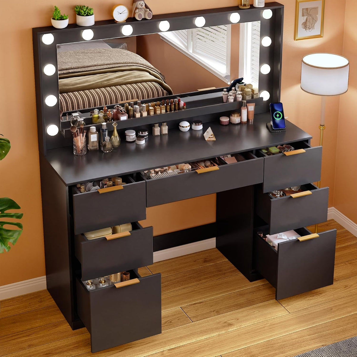 Vanity Desk with Mirror and Lights, 45.3In Makeup Vanity with 7 Drawers & Large Mirror, Vanity with 3-Color Adjustable Lighting & Charging Station, Make up Vanity for Bedroom