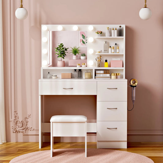 Makeup Vanity Set with Stool, Lighted Mirror, Vanity Desk with 5 Shelves & 4 Drawers, Power Outlet & Hairdryer Holder, Vanity Dressing Table Perfect Gift for Bedroom - White