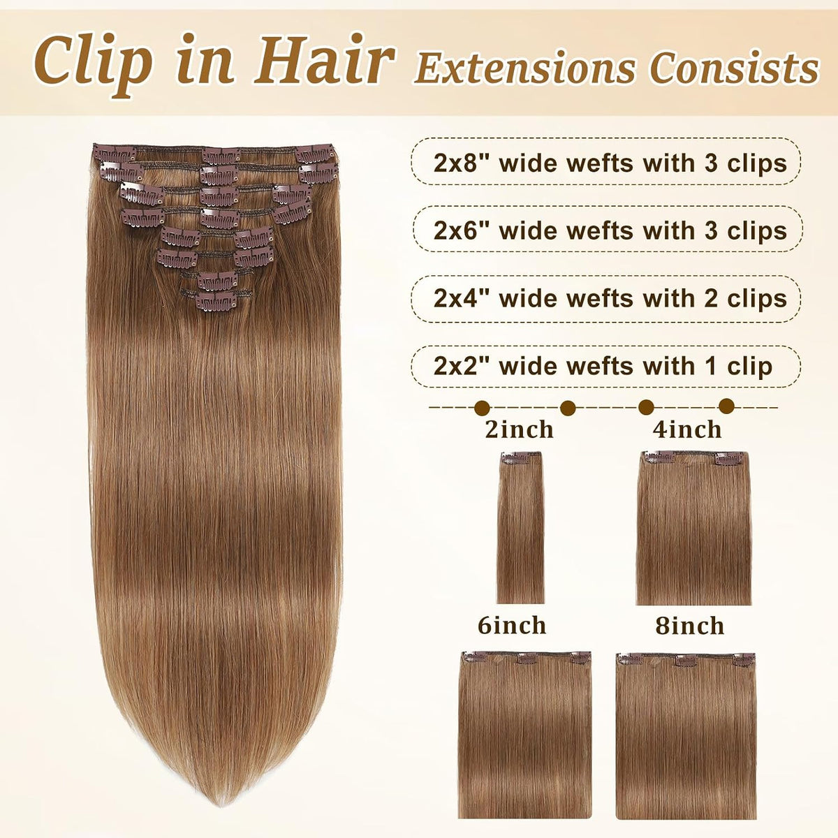 Chestnut Brown Hair Extensions Real Human Hair Clip Ins for Women 14Inch