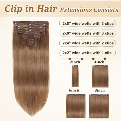 Chestnut Brown Hair Extensions Real Human Hair Clip Ins for Women 14Inch