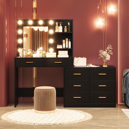 Vanity Desk Table with Lighted Mirror 45.6“ Girls Makeup Vanity with Power Outlet, 3 Colors Lighting Adjustable,8 Stroge Drawers, Brightness Vanity Table for Women Bedroom Dressing Room