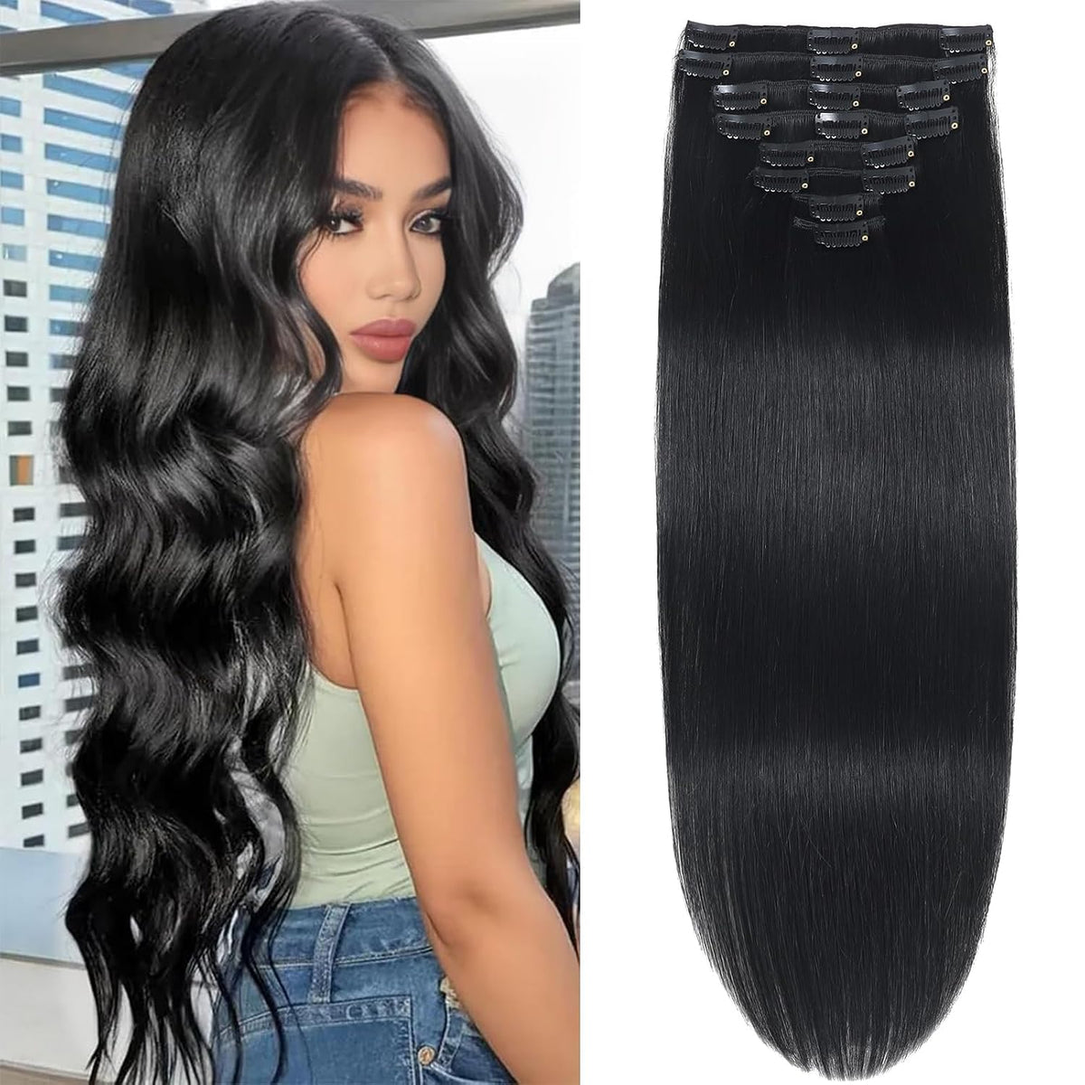 Natural Black Clip in Hair Extensions Real Human Hair 14Inch