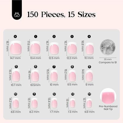 Beetles French Tips Press on Nails: 150 Pcs Pink Short Square Press on Nails Fak