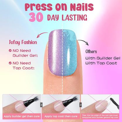 Press on Nails Short - 5 Styles Unique Two-Color Ombre Square Cat Eye Press on Nails, Soft Gel X Coat Nails False Nails in 16 Sizes - 160 PCS Stick on Nails Kit