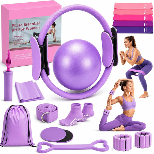 Pilates Kit for Women, Home Workout Set with Ring,Ball,Bands Ankle Weights
