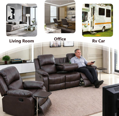 3PCS Recliner Sofa Set Vegan Leather Reclining Couch Set  Living Room Furniture Sets Manual Reclining Sofa Set with Cup Holders/Storage Console/Flip down Table for Home/Office (Brown, 3PCS Set)