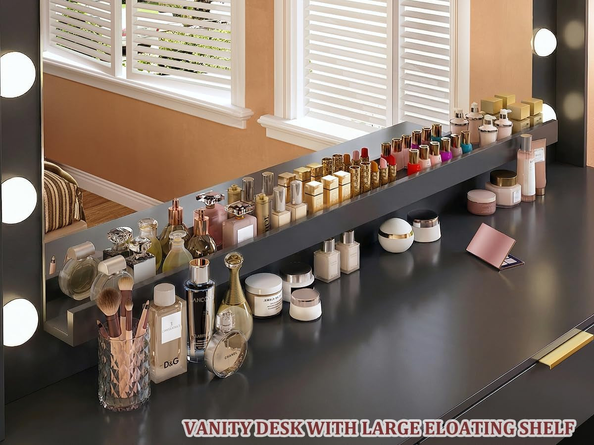 Vanity Desk with Mirror and Lights, 45.3In Makeup Vanity with 7 Drawers & Large Mirror, Vanity with 3-Color Adjustable Lighting & Charging Station, Make up Vanity for Bedroom