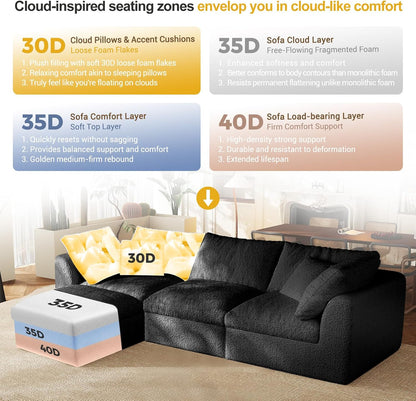 Cloud Sectional Couches, 108" L-Shape Boneless Sofa, Modular Sectional Sofa for Living Room,Freely Configurable,Deep Seating,Non-Slip Bottom, No Assembly Required(3 Seater+1 Ottoman (Black)