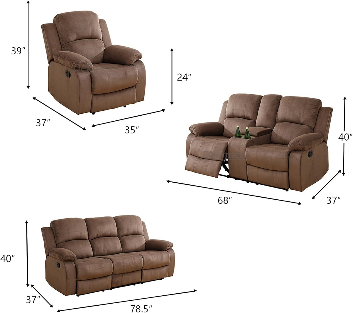 Fabric Recliner Loveseat Couch Brown 2-Seat Reclining Sofa Corduroy Manual Recliner Sofa Living Room Couch with Cup Holders&Storage Console for Home Theater/Office/Rv Car (Chocolate, Loveseat)