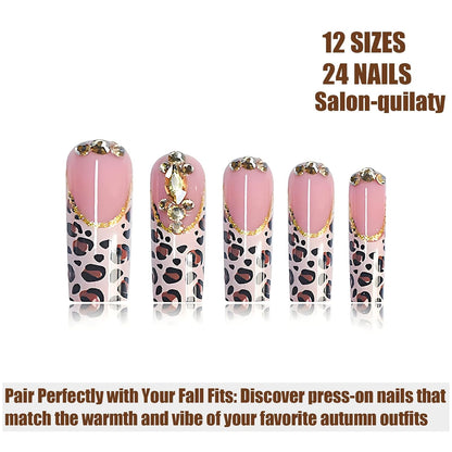 Long Square Press on Nails French Tip Press-On Nails Brown Fall Nails Art for Women