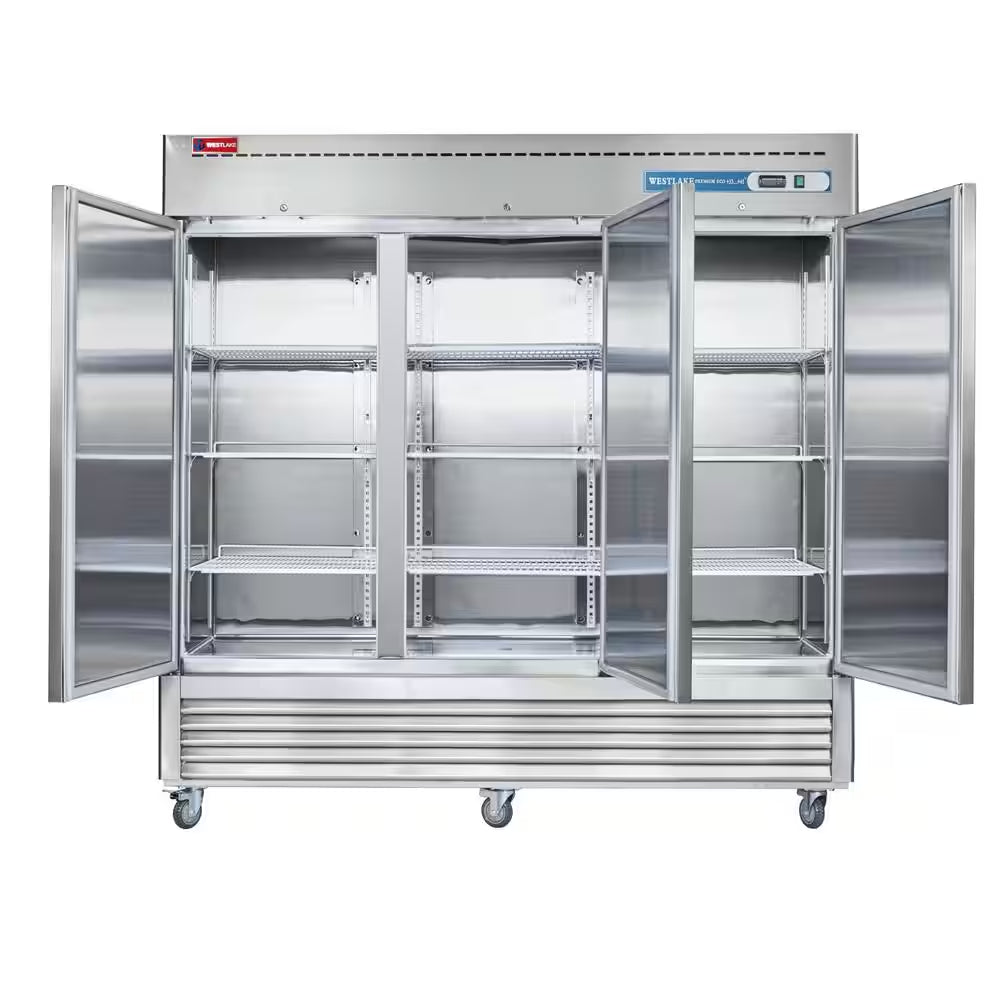 82 In. W. 72 Cu. Ft. Commercial Refrigerator 3-Solid Door Electronic Control System Stainless Steel