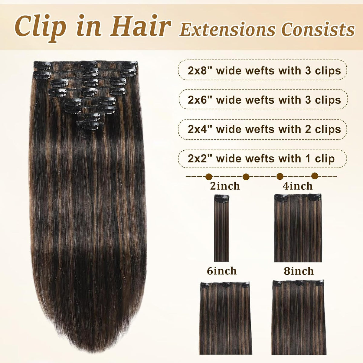 Clip in Hair Extensions Human Hair Remy Balayage Hair Extensions 14Inch