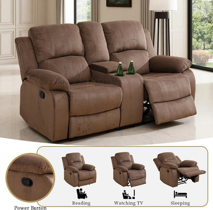 Fabric Recliner Loveseat Couch Brown 2-Seat Reclining Sofa Corduroy Manual Recliner Sofa Living Room Couch with Cup Holders&Storage Console for Home Theater/Office/Rv Car (Chocolate, Loveseat)