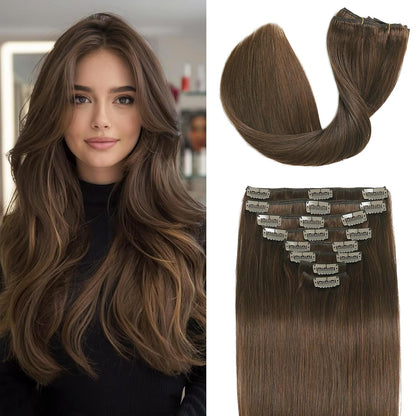 Human Hair Clip in Extensions Chocolate Brown Hair Extensions 14Inch