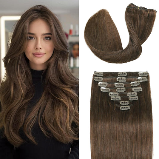 Human Hair Clip in Extensions Chocolate Brown Hair Extensions 14Inch