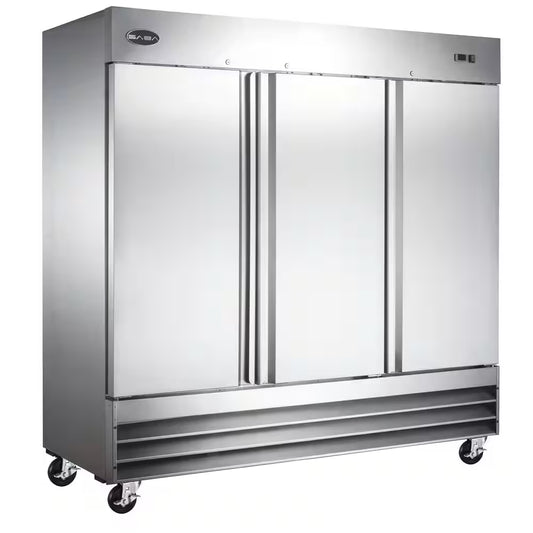 81 In. W 72 Cu. Ft. Three Door Commercial Reach in Upright Refrigerator in Stainless Steel