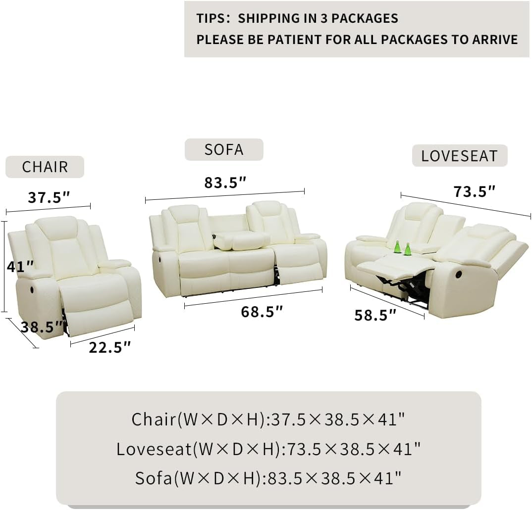 Living Room Sofa Sets, Breathing Leather Power Recliner Sofa with LED Light, Power Reclining Loveseat with 2 Recliner Seats/Cup Holders/Storage Console for Living Room(Vanilla White)