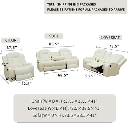 Living Room Sofa Sets, Breathing Leather Power Recliner Sofa with LED Light, Power Reclining Loveseat with 2 Recliner Seats/Cup Holders/Storage Console for Living Room(Vanilla White)